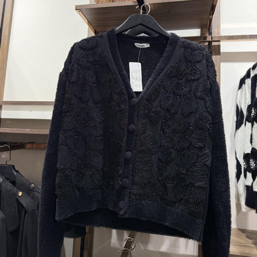 İncili ve tül detaylı hırka/siyah