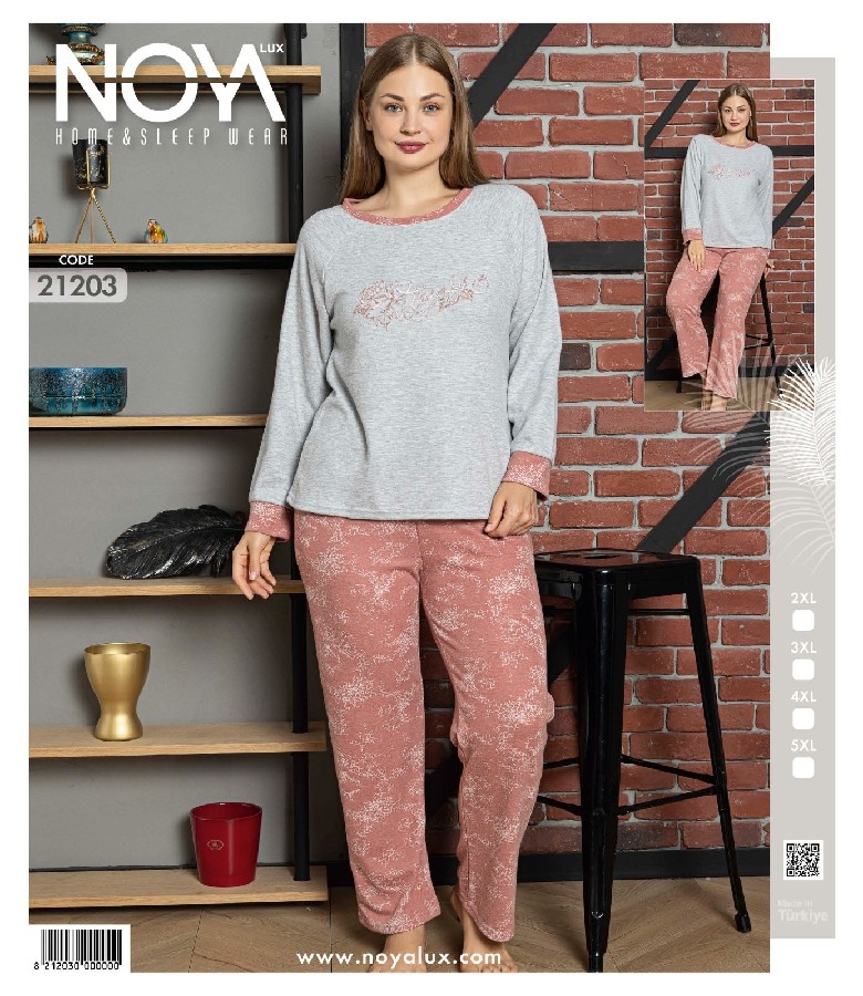 Gri-Yvru Ağzı Uzun Kollu Yün Viskon Pijama Takımınoya 21203