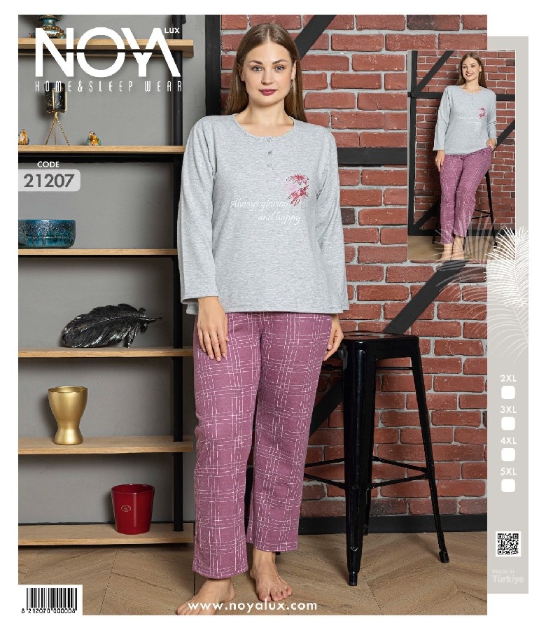 Gri-Pembe Uzun Kollu Yün Viskon Pijama Takımınoya 21207