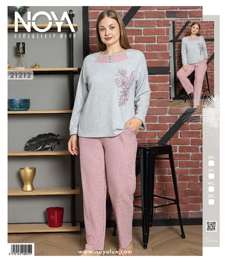 Gri-Pembe Uzun Kollu Yün Viskon Pijama Takımınoya 21212