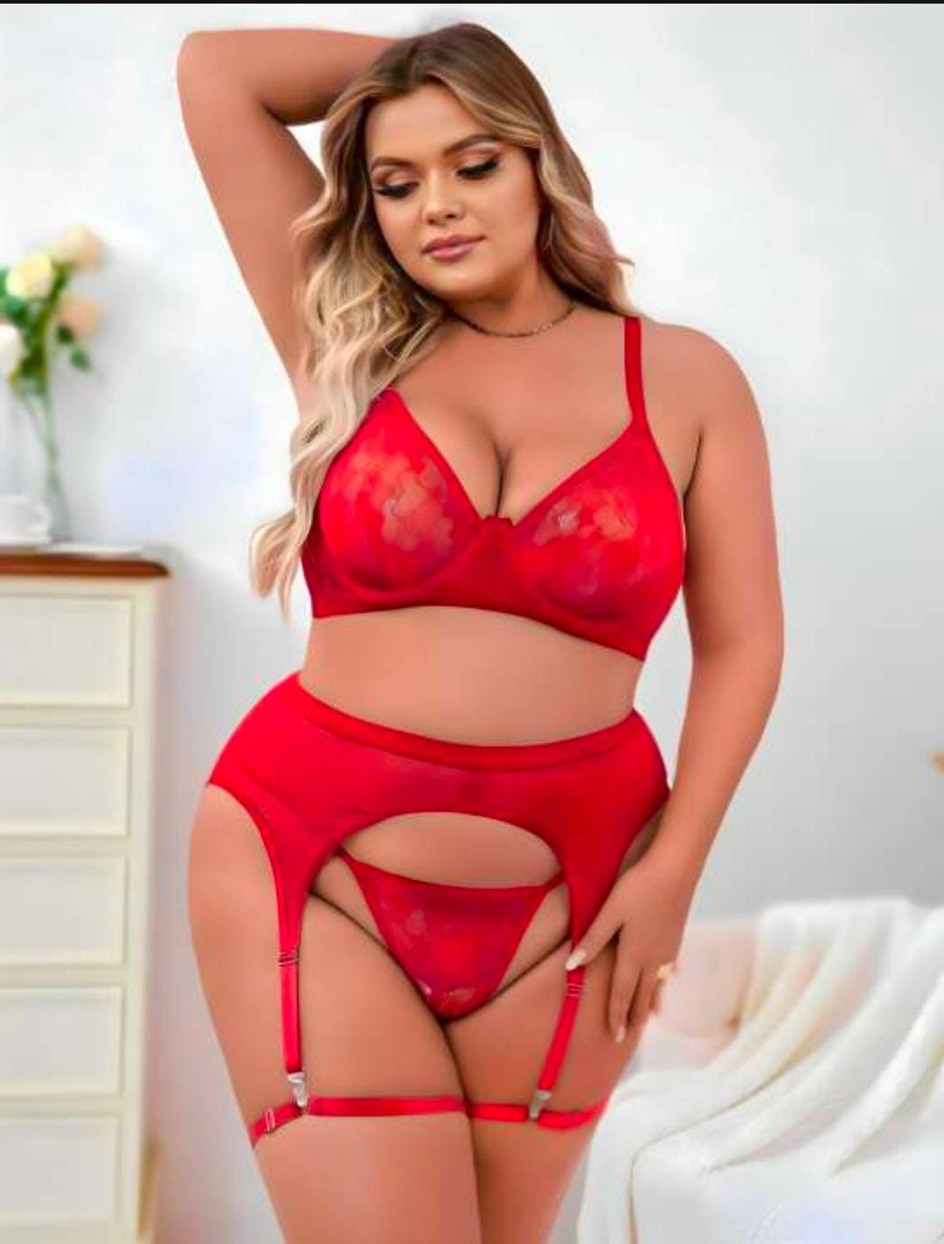 Büyük Beden Tutku: Kırmızı Dantelli Jartiyerli Fantezi Takımı -Pasione j71