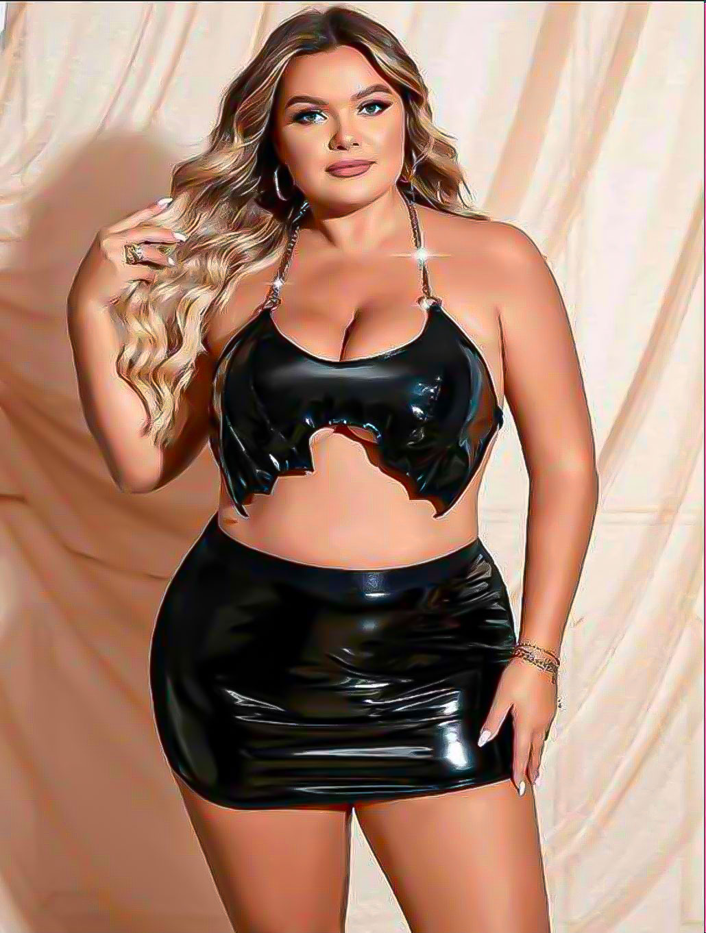 Büyük Beden Fetih: Siyah Vinil Zincir Askılı Fantezi Takım -Pasione 40016