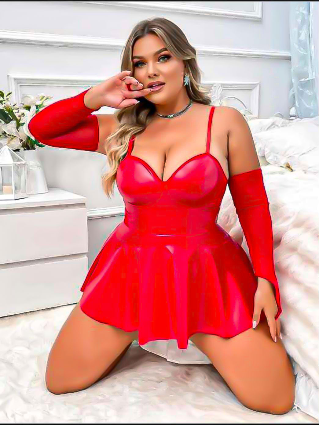 Büyük Beden Kırmızı Vinil Mini Fantezi Elbise ve Eldiven Seti -Pasione 40001