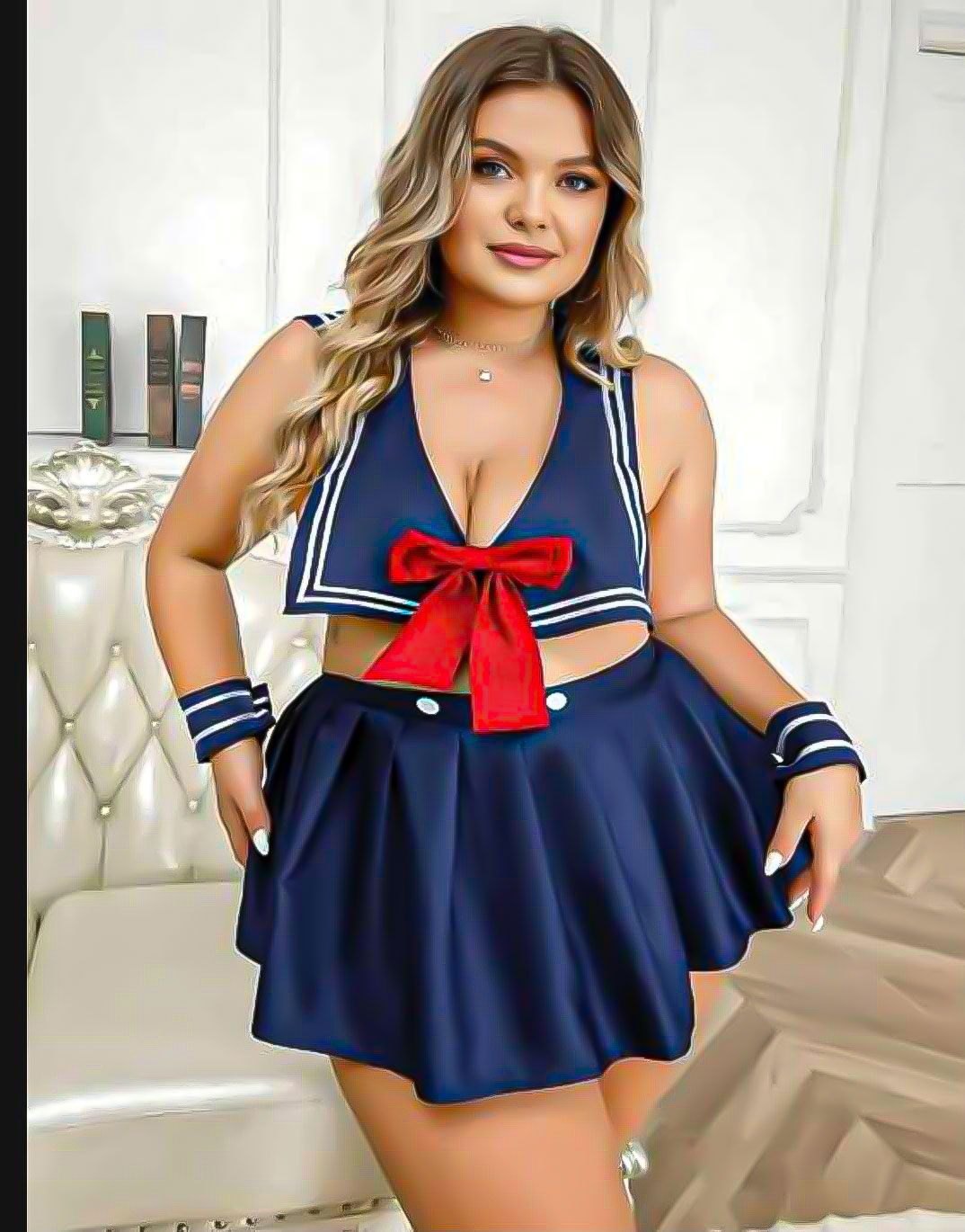 Büyük Beden Fantezi Denizci Kostümü - V Yaka, Kırmızı Fiyonklu Seksi Takım -Pasione 19002