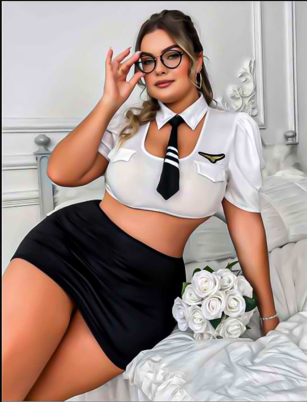 Büyük Beden Fantezi Pilot/Kabin Memuru Kostümü - Siyah Beyaz Seksi Takım -Pasione 19035