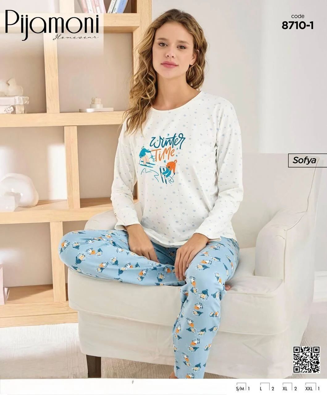 Winter Time Baskılı Mavi Kadın Pijama Takımı 8710-1