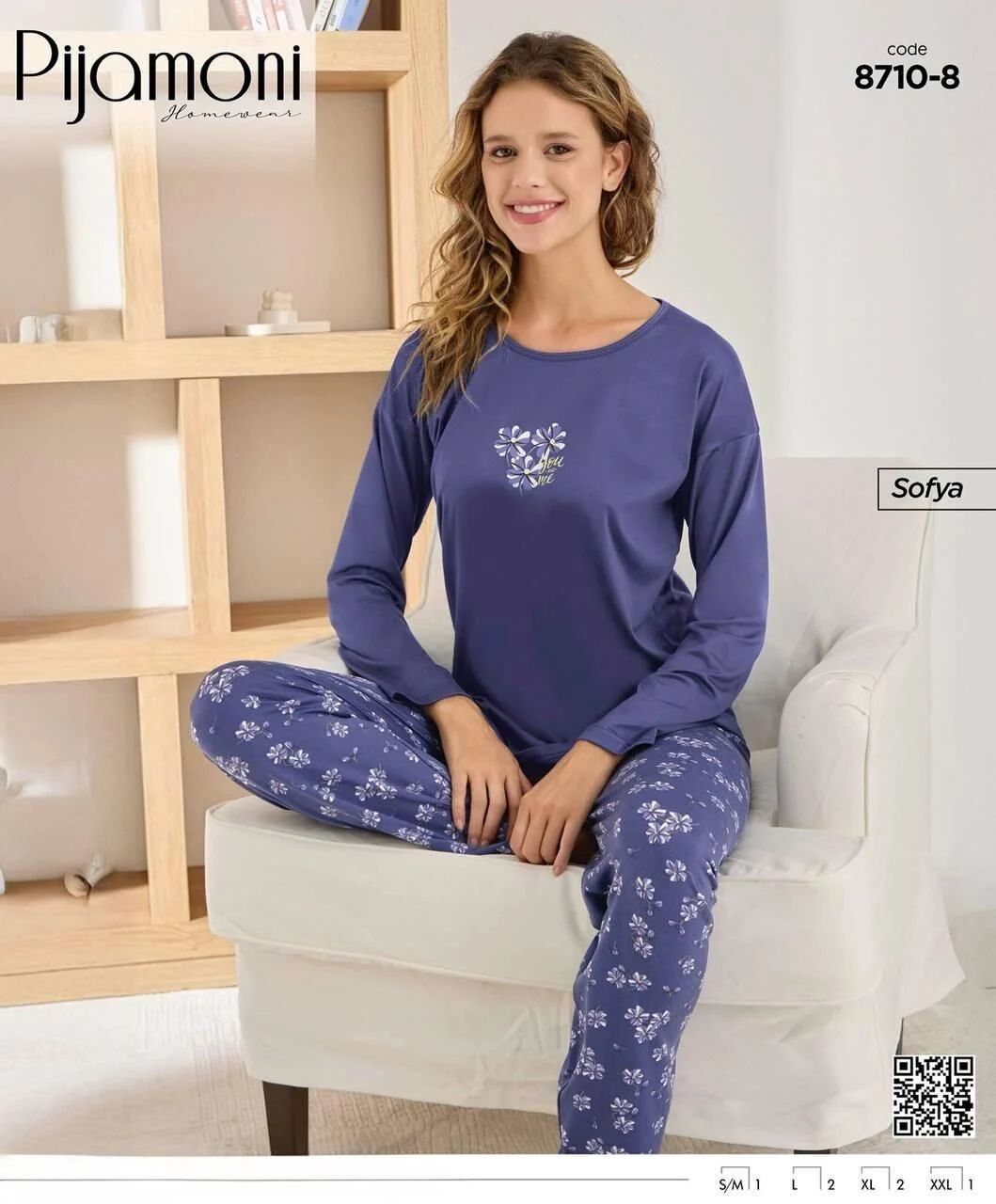 Mor Çiçek Desenli Uzun Kollu Kadın Pijama Takımı 8710-8