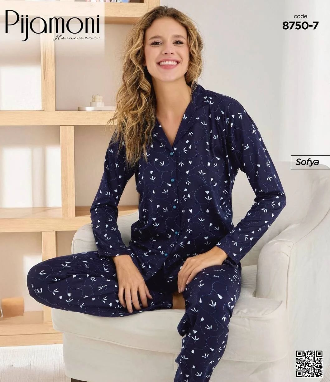 Lacivert Çiçek Desenli Düğmeli Pijama Takımı 8750-7