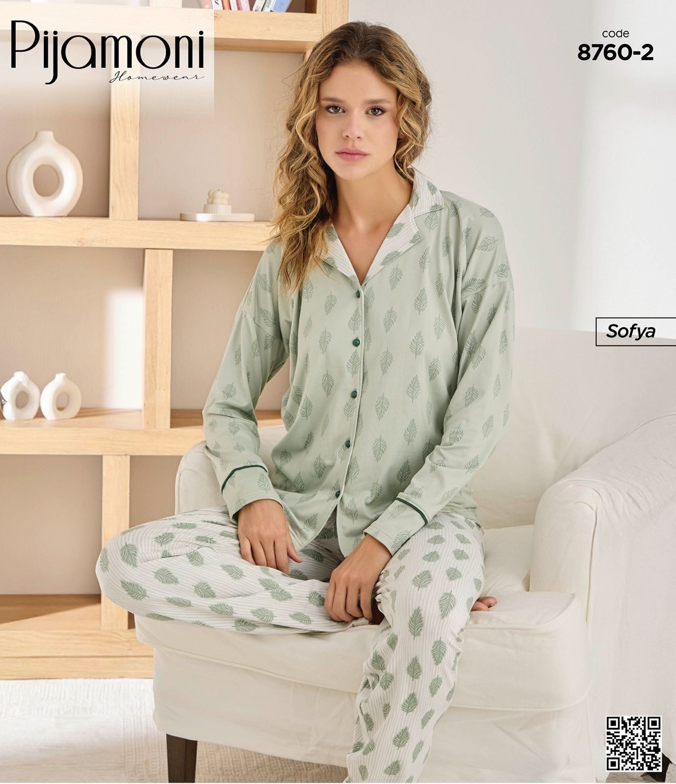 Yaprak Desenli Düğmeli Pijama Takımı 8760-2