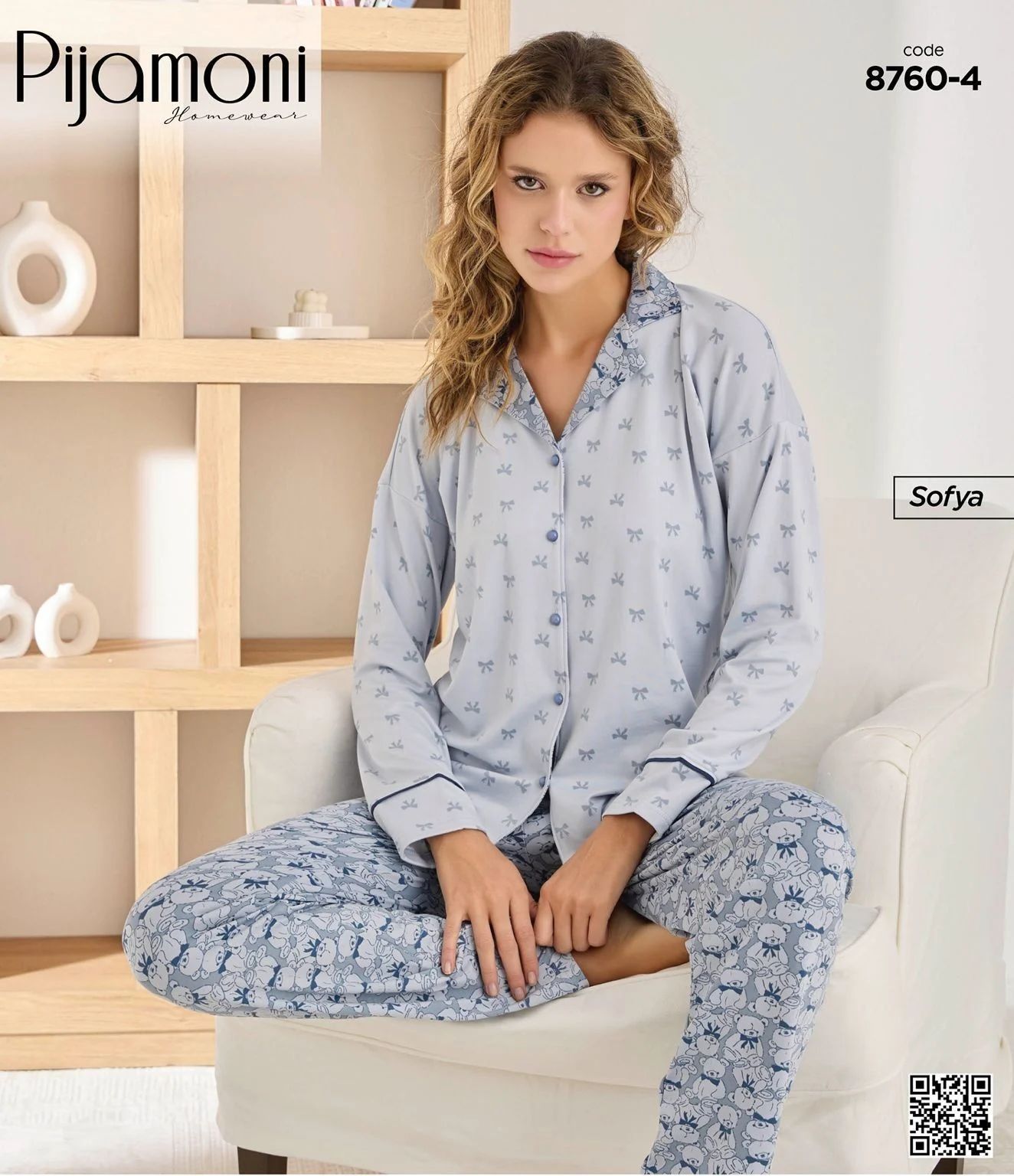 Kurdele Ve Ayıcık Desenli Düğmeli Pijama Takımı 8760-4