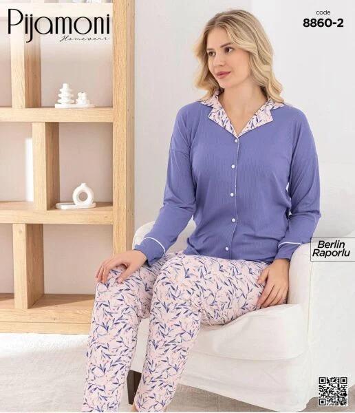 Yaprak Desenli Düğmeli Pijama Takımı 8860-2