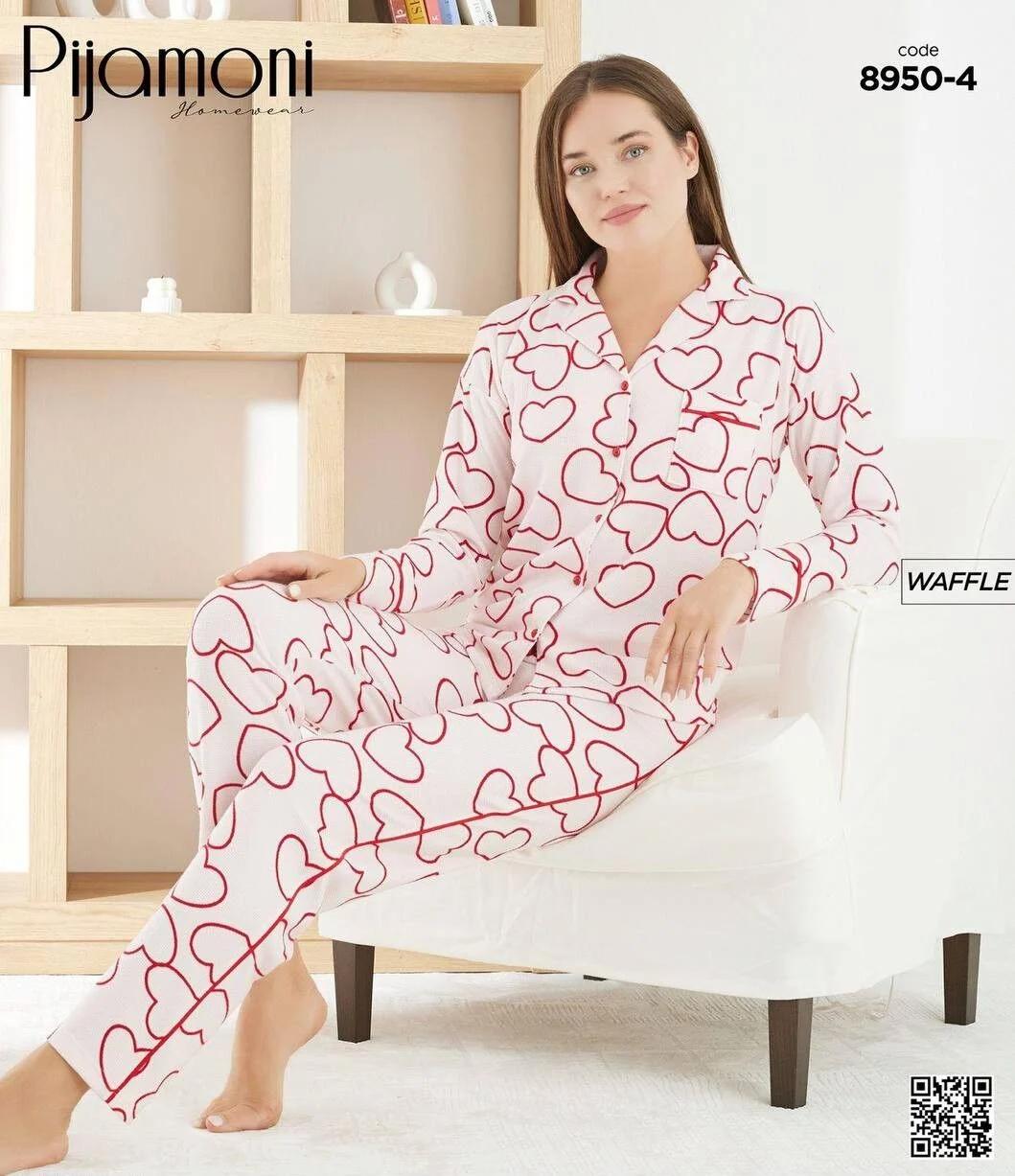Kalp Desenli Düğmeli Pijama Takımı 8950-4