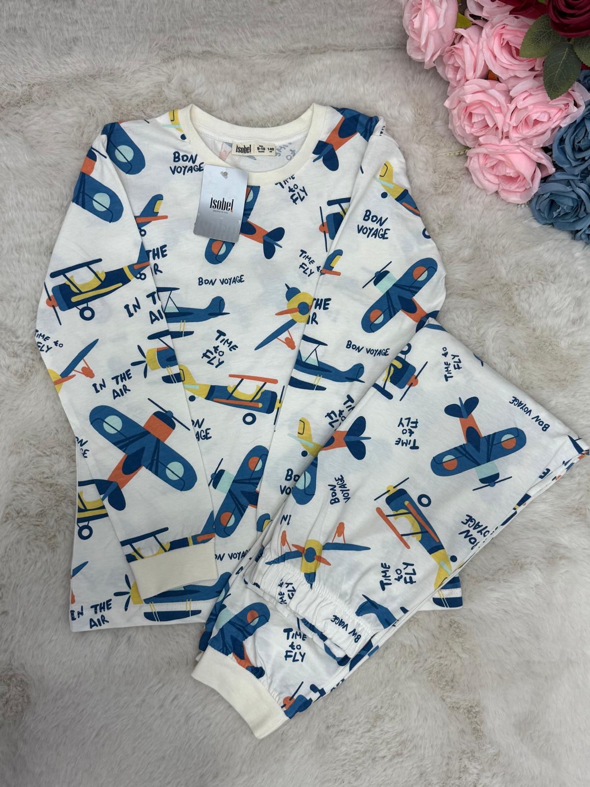 Uçak Desenli Beyaz Erkek Çocuk Pijama Takımı