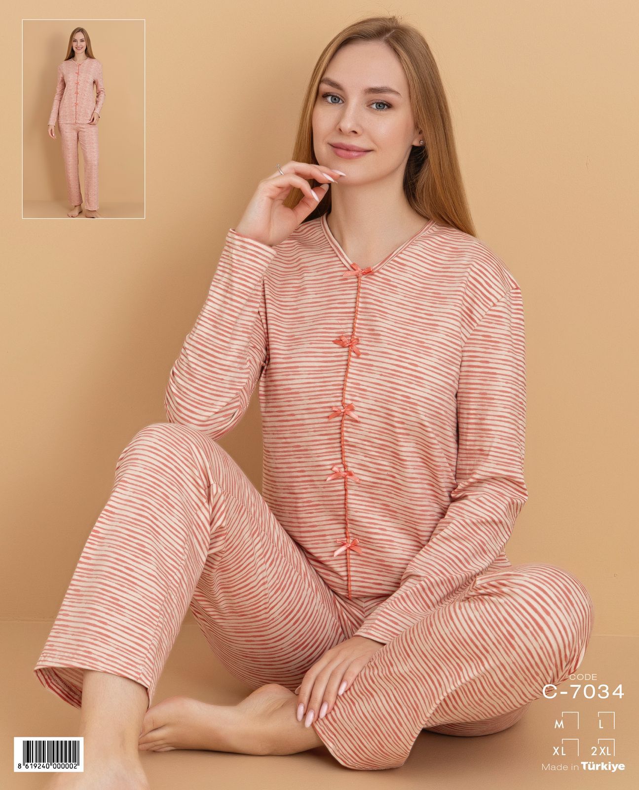 Çizgili Fiyonk Detaylı Pijama Takımı 7034