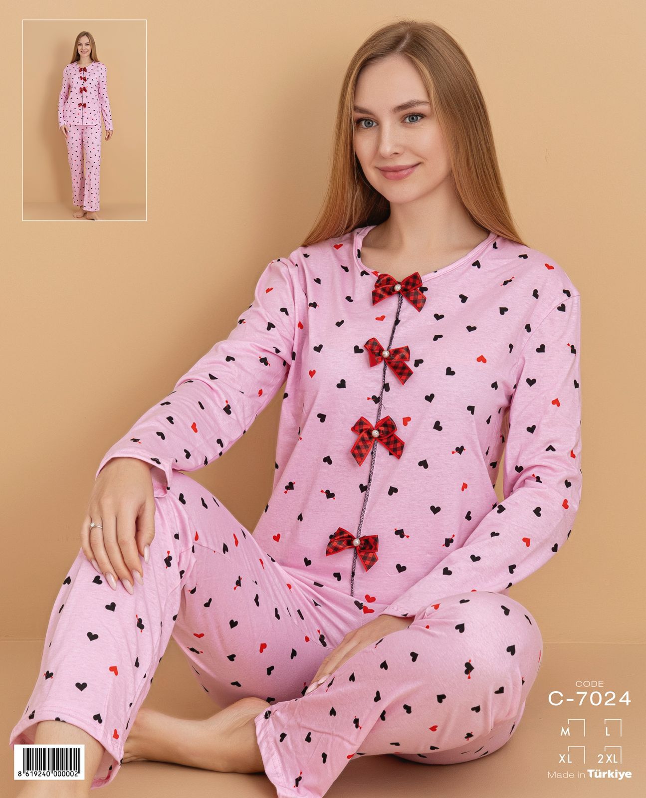 Kalpli Fiyonk Detaylı Pijama Takımı 7024