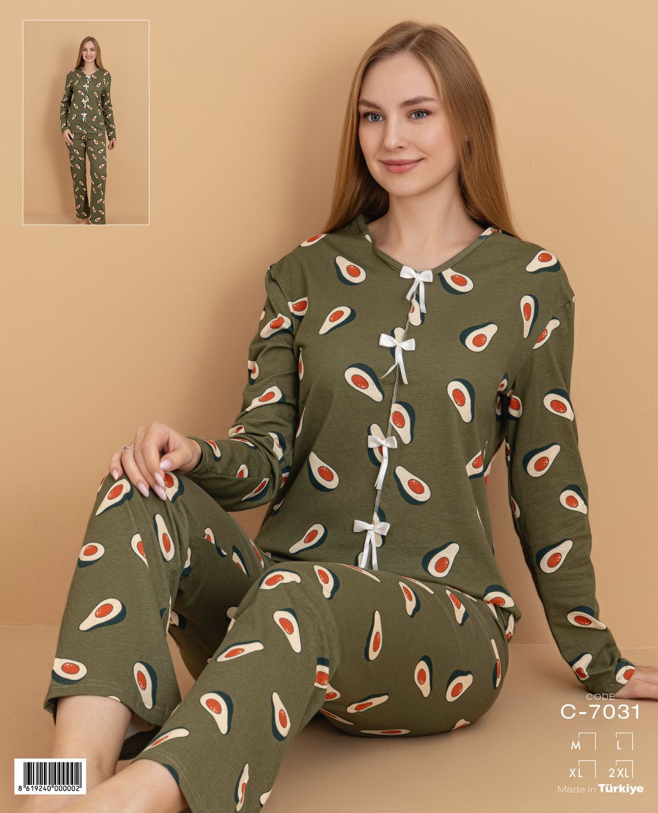 Avakado Desenli Fiyonk Detaylı Pijama Takımı 7031