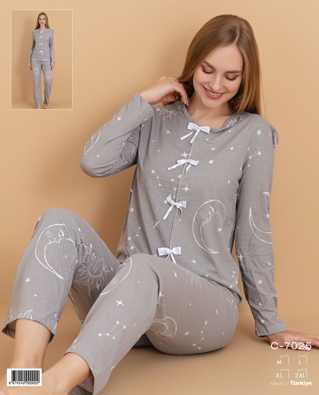 Ay Ve Yıldız Desenli Fiyonk Detaylı Pijama Takımı 7025