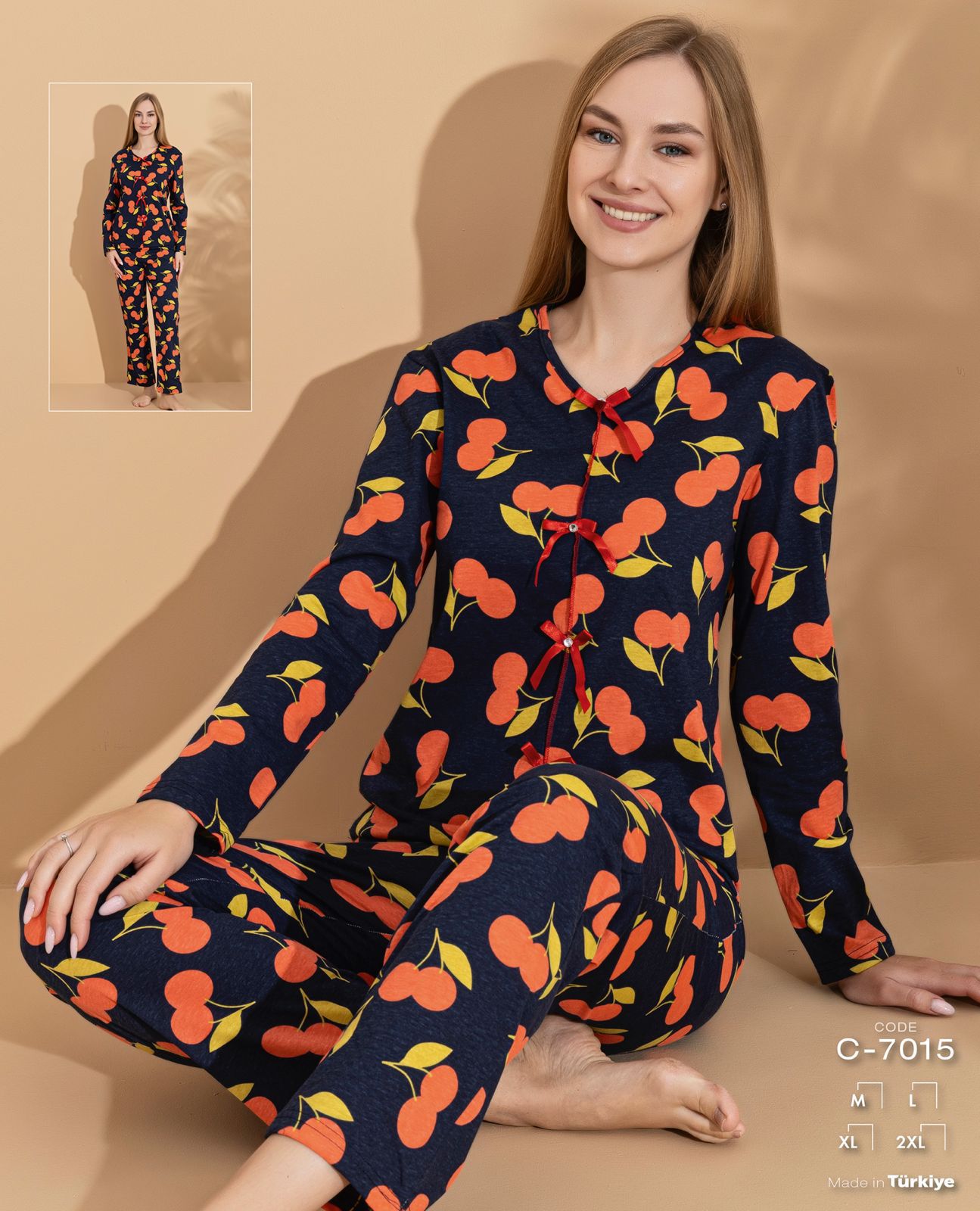 Kiraz Desenli Fiyonk Detaylı Pijama Takımı 7015