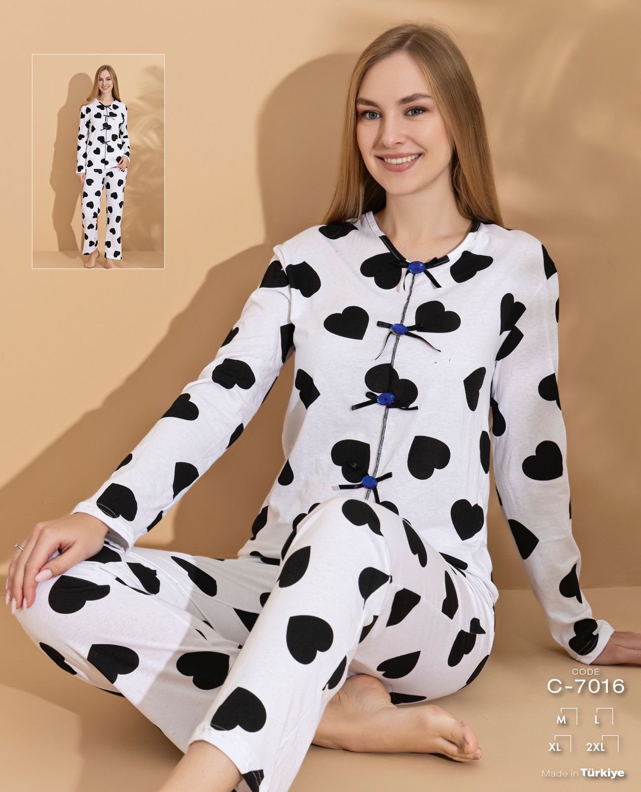 Kalp Desenli Fiyonk Detaylı Pijama Takımı 7016