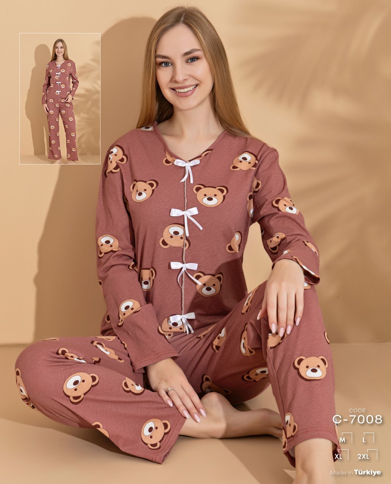 Ayıcık Desenli Fiyonk Detaylı Pijama Takımı 7008