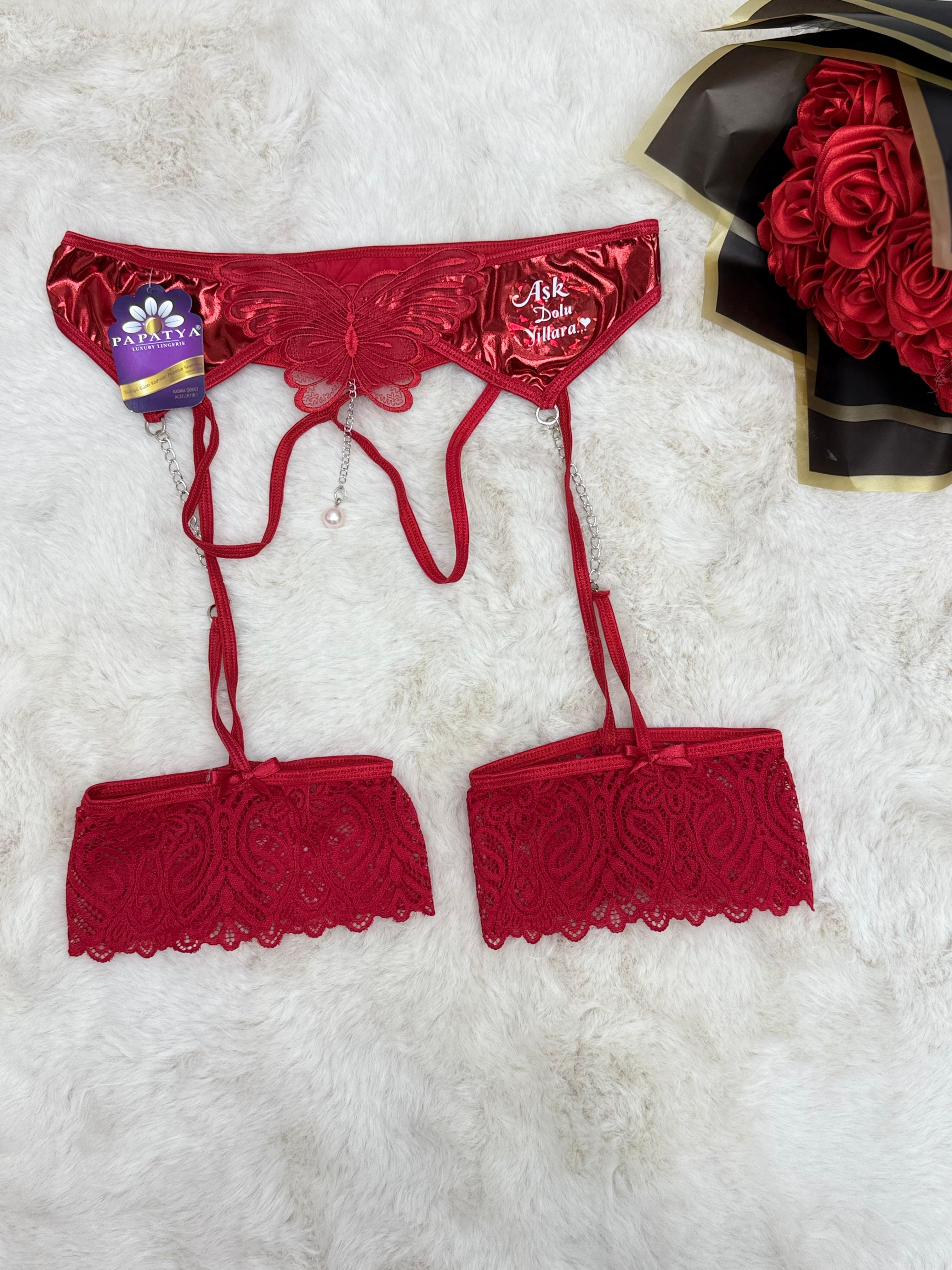 Kelebekli İncili Jartiyerli Tanga 5586