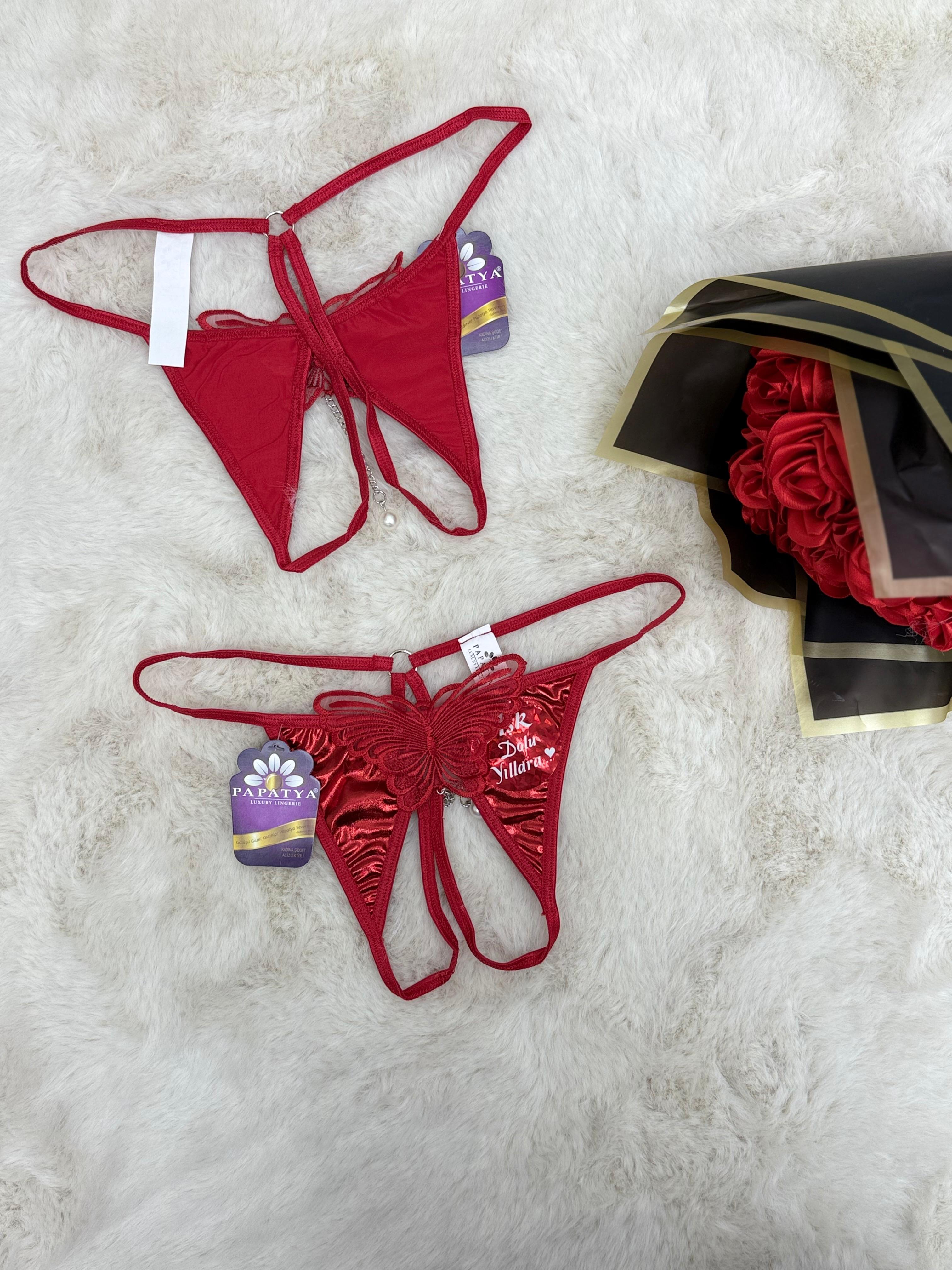 Özel Bölgesi Açık Kelebek Ve İnci Detaylı Tanga 5572