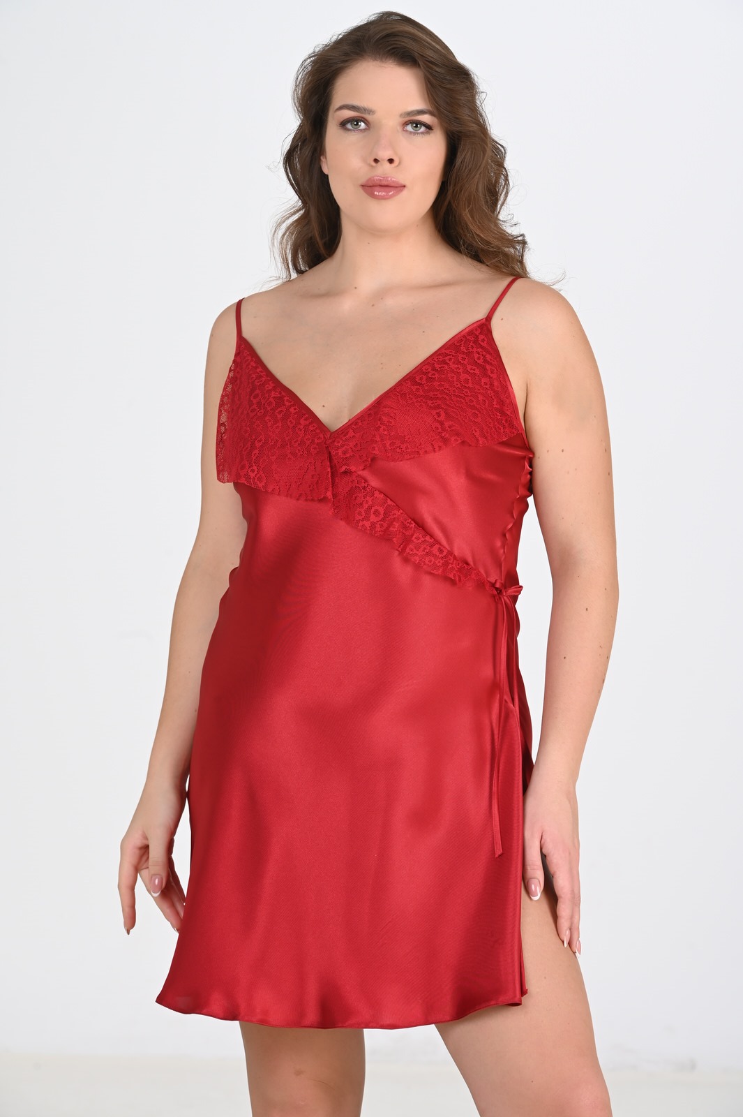 Bordo Dantel Detaylı Bordo Saten Gecelik 2107