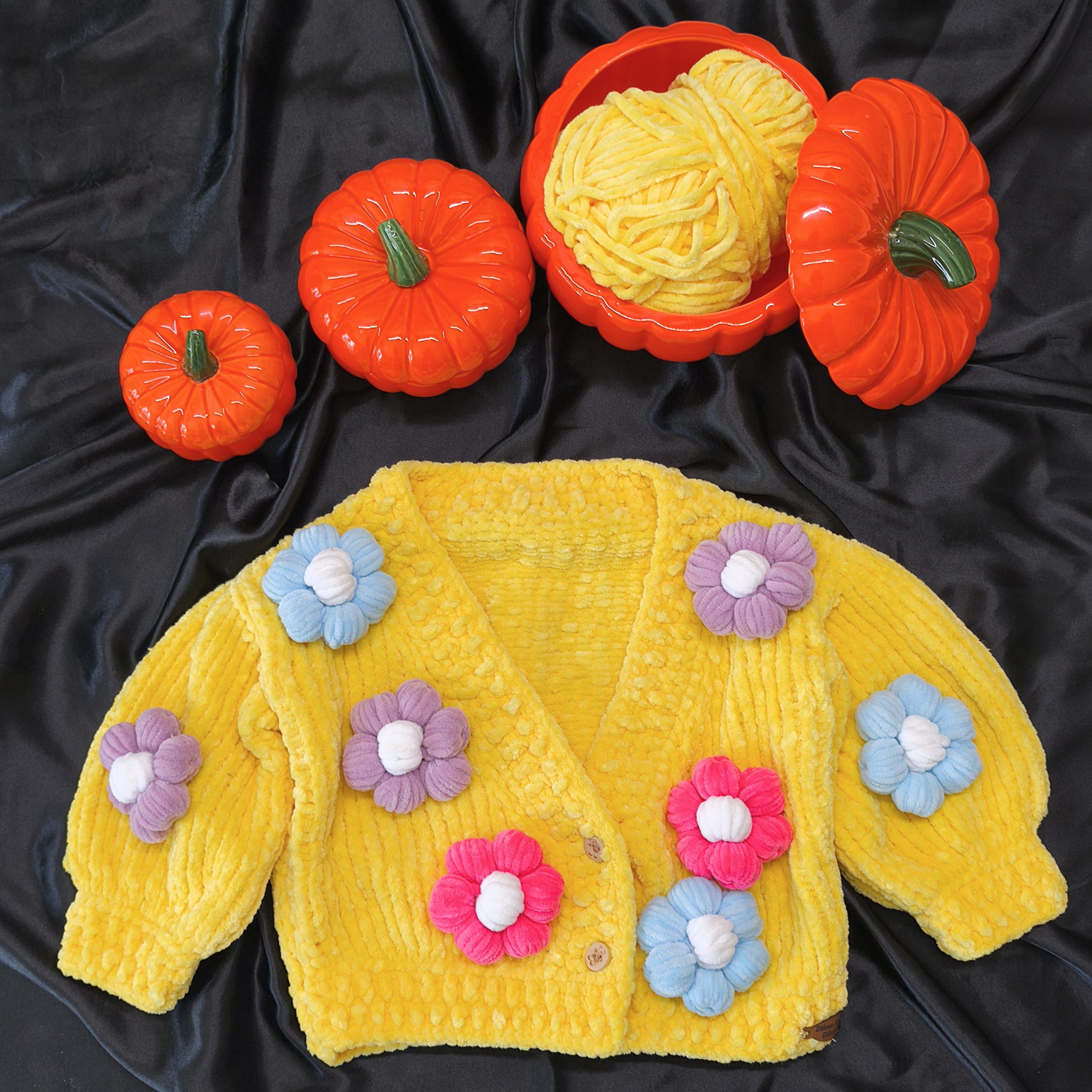 Papatya Desenli El Örgüsü Sarı Hırka | 1-2 Yaş