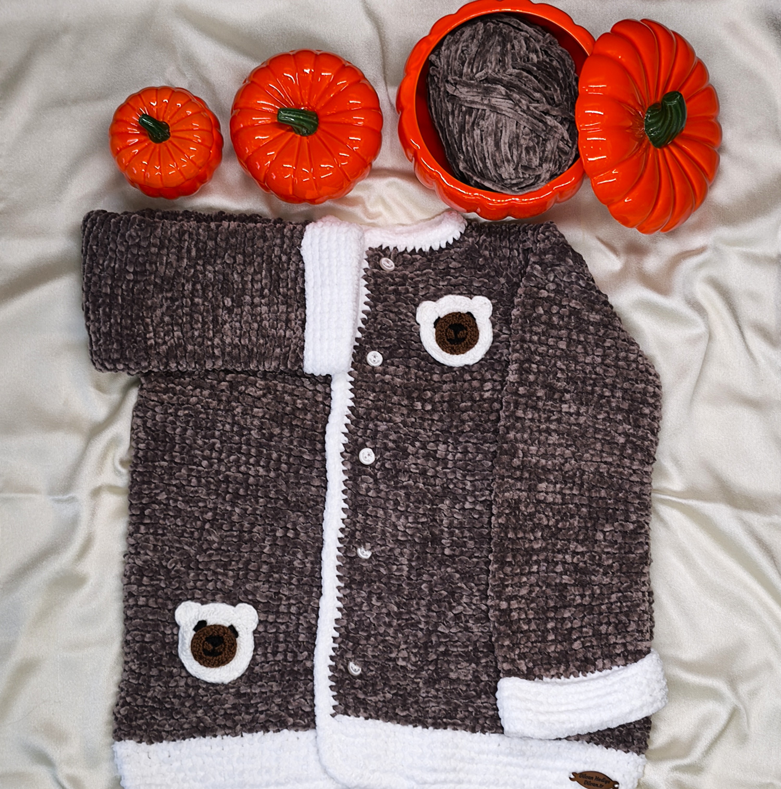 Ayıcık Motifli Kahverengi El Örgüsü Hırka | 4-5 Yaş