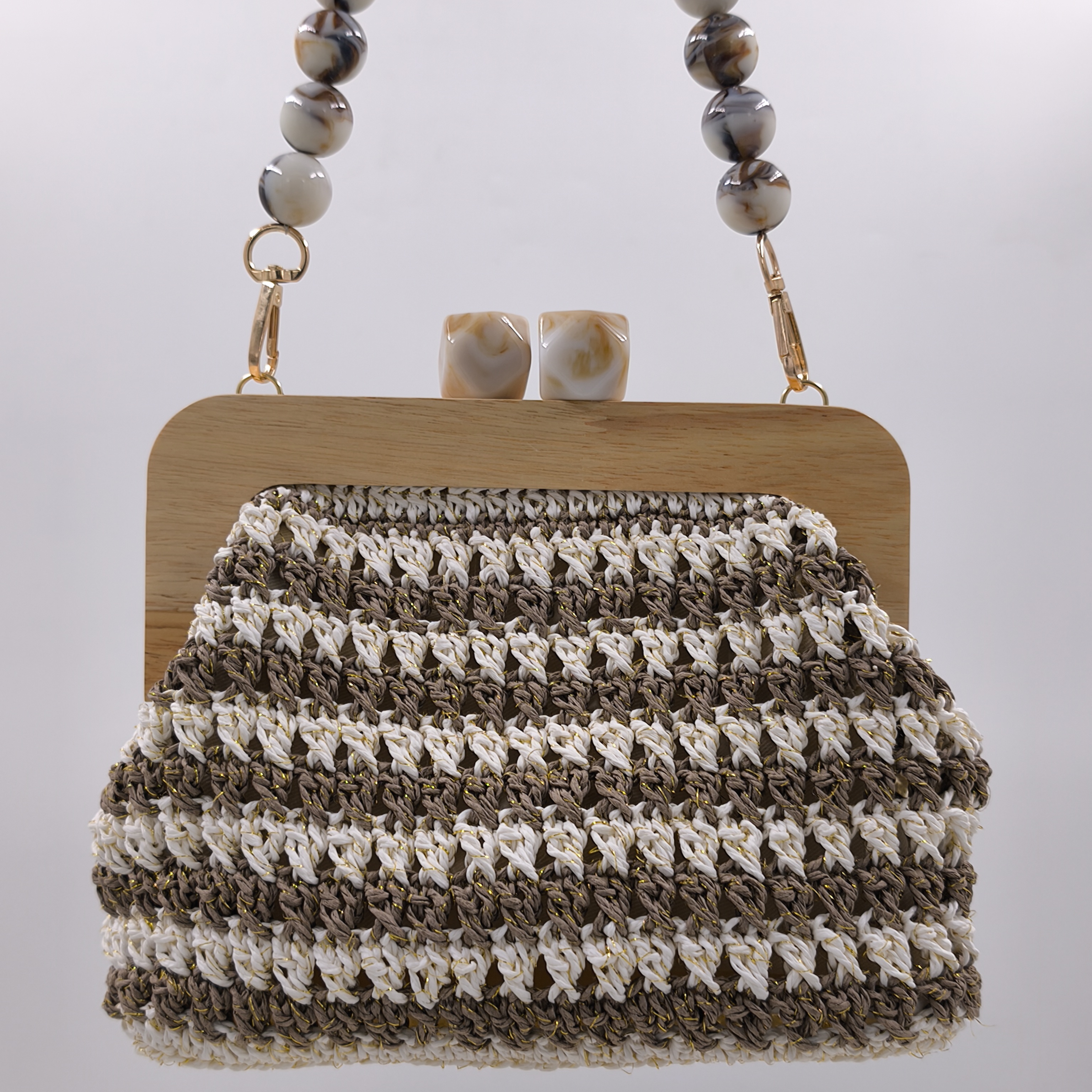 El Örgüsü Burslu Çanta | Ahşap Çerçeve & Boncuk Sap