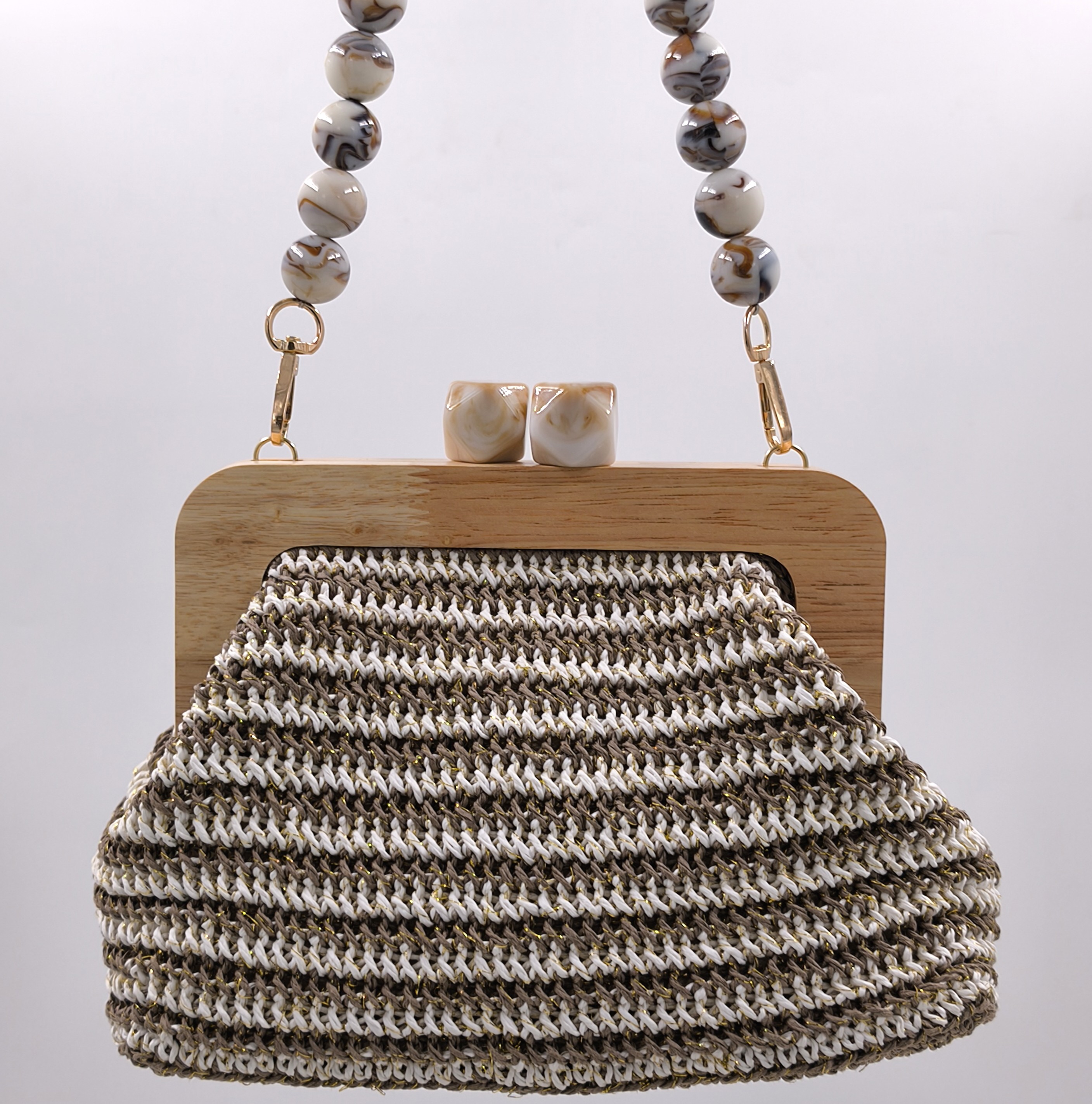 El Örgüsü Burslu Çanta | Ahşap Çerçeve & Boncuk Sap