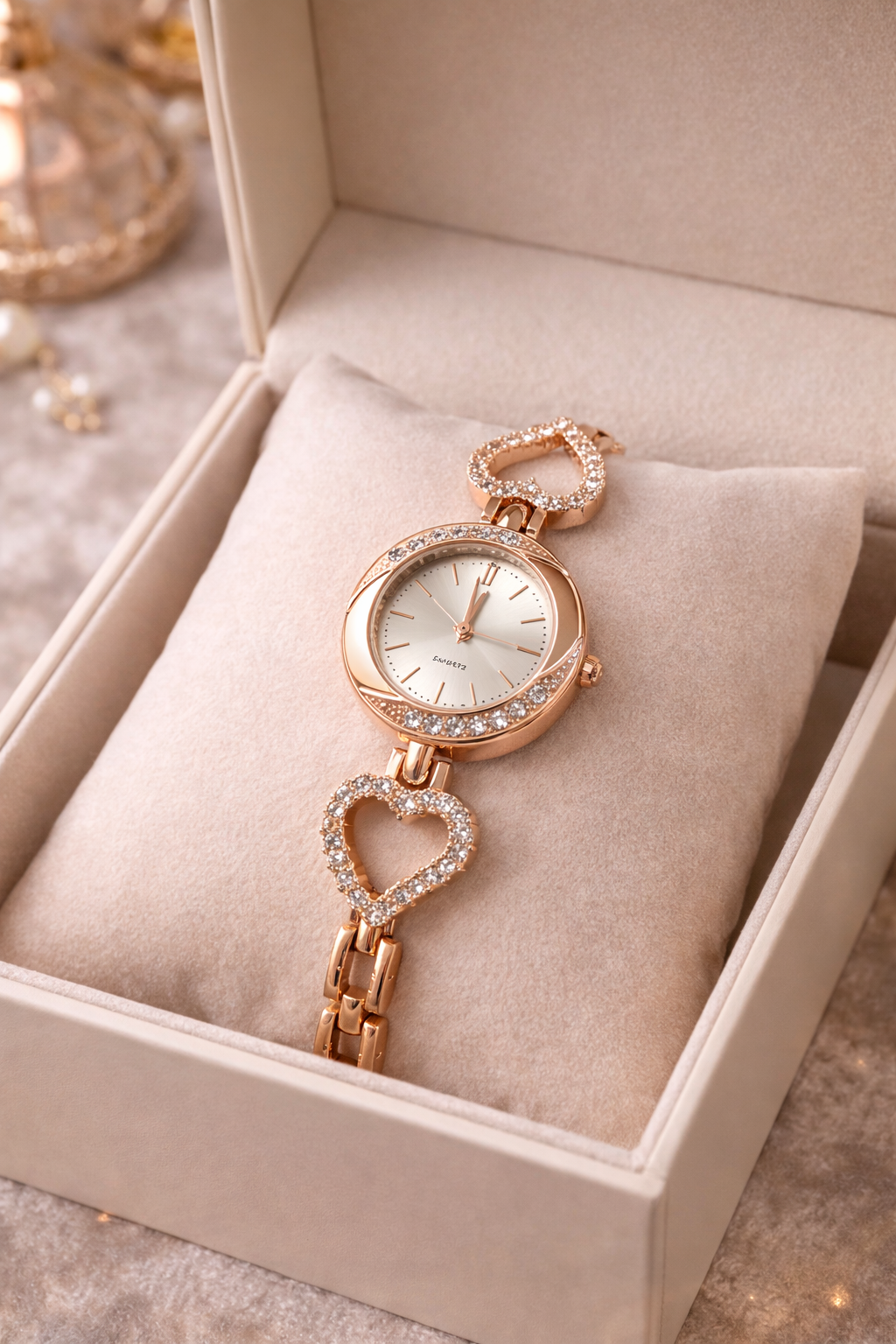 Şık Kalp Detaylı Taşlı Bayan Kol Saati