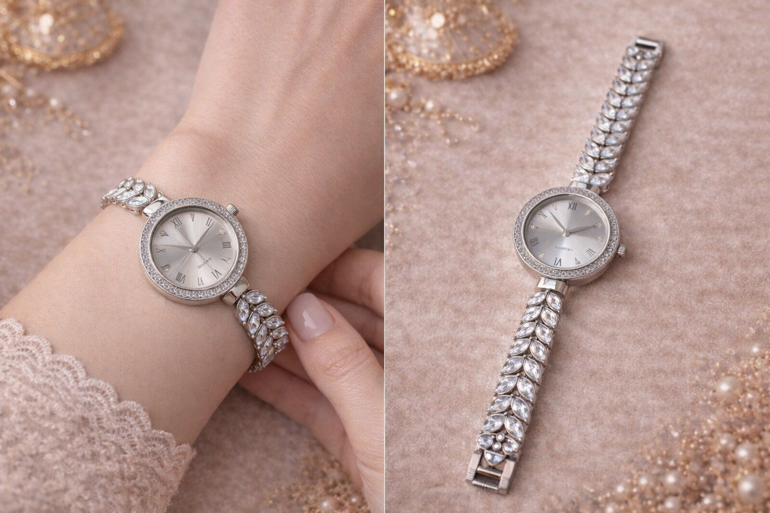 Şık Bayan Su Yolu Taşlı Kordon Ve Taşlı Kadran Silver Bayan Saati