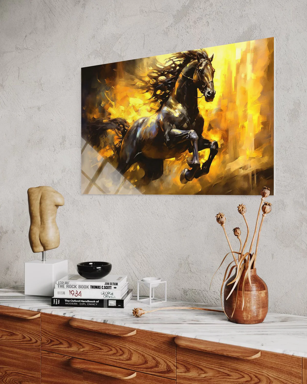 Alevler İçinde Koşan At Cam Tablo