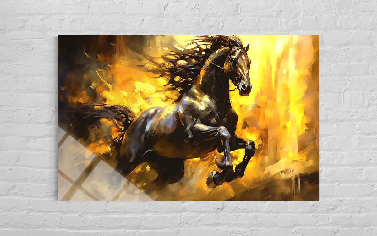 Alevler İçinde Koşan At Cam Tablo