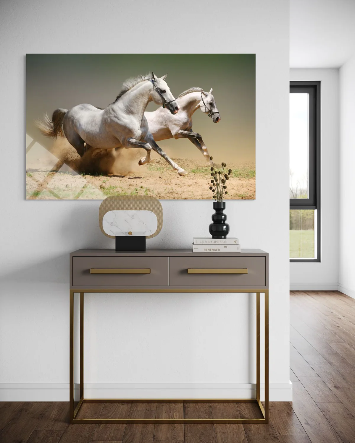 İkili Beyaz At Cam Tablo