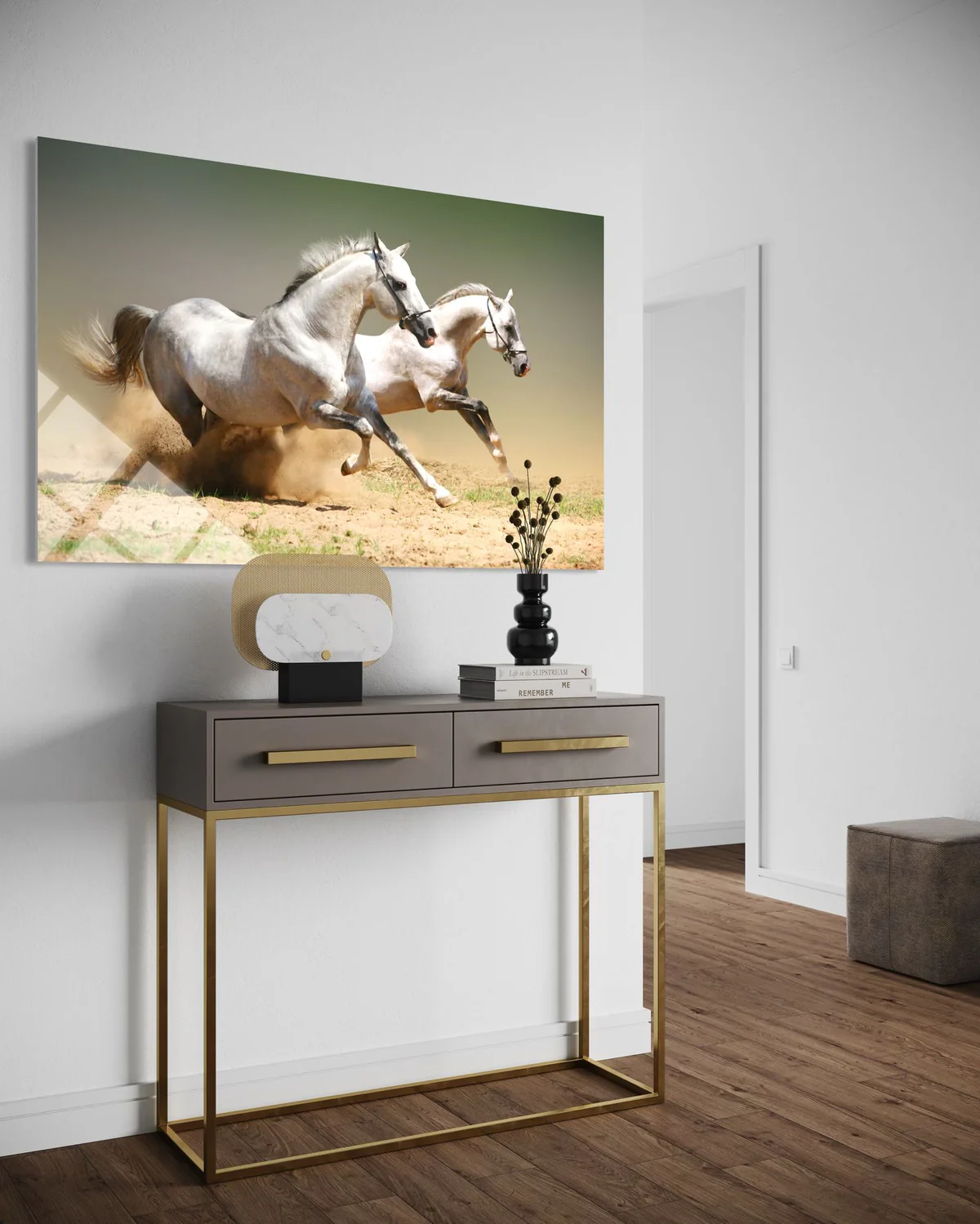 İkili Beyaz At Cam Tablo