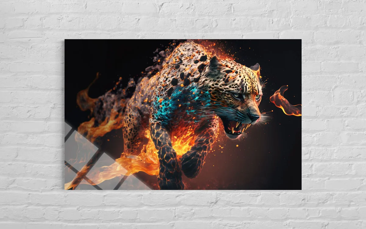 Alevler İçinde Kaplan Cam Tablo