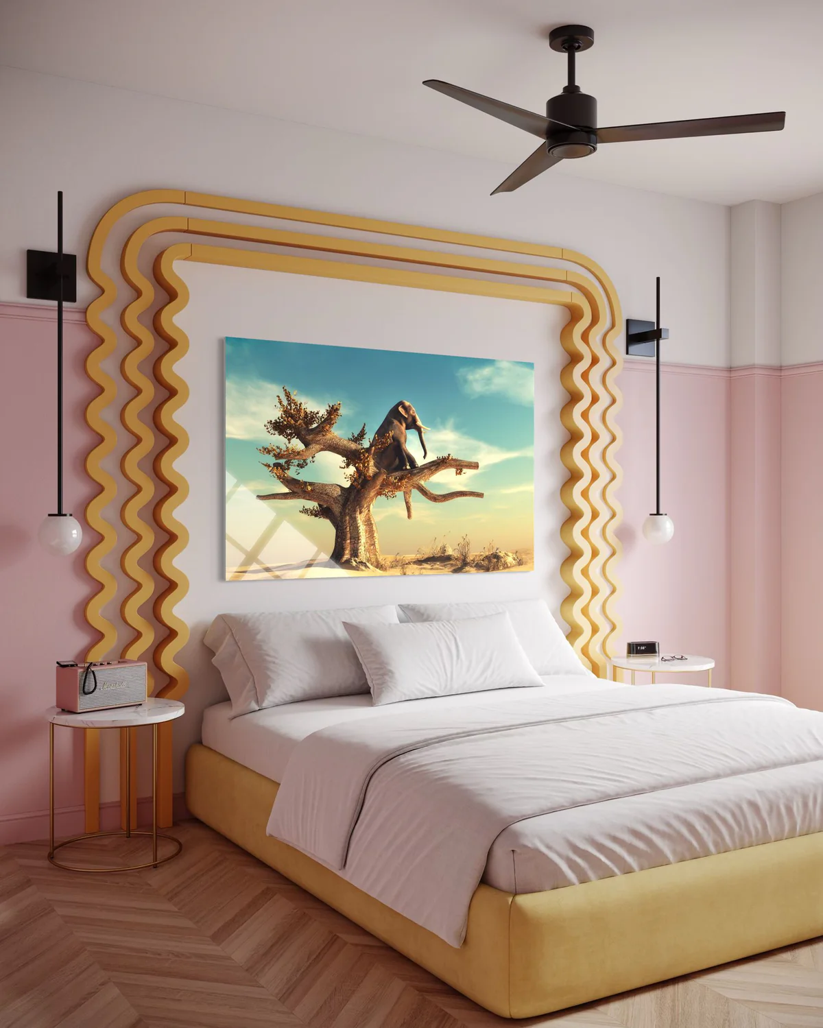 Ağaç Üstünde Oturan Fil Cam Tablo