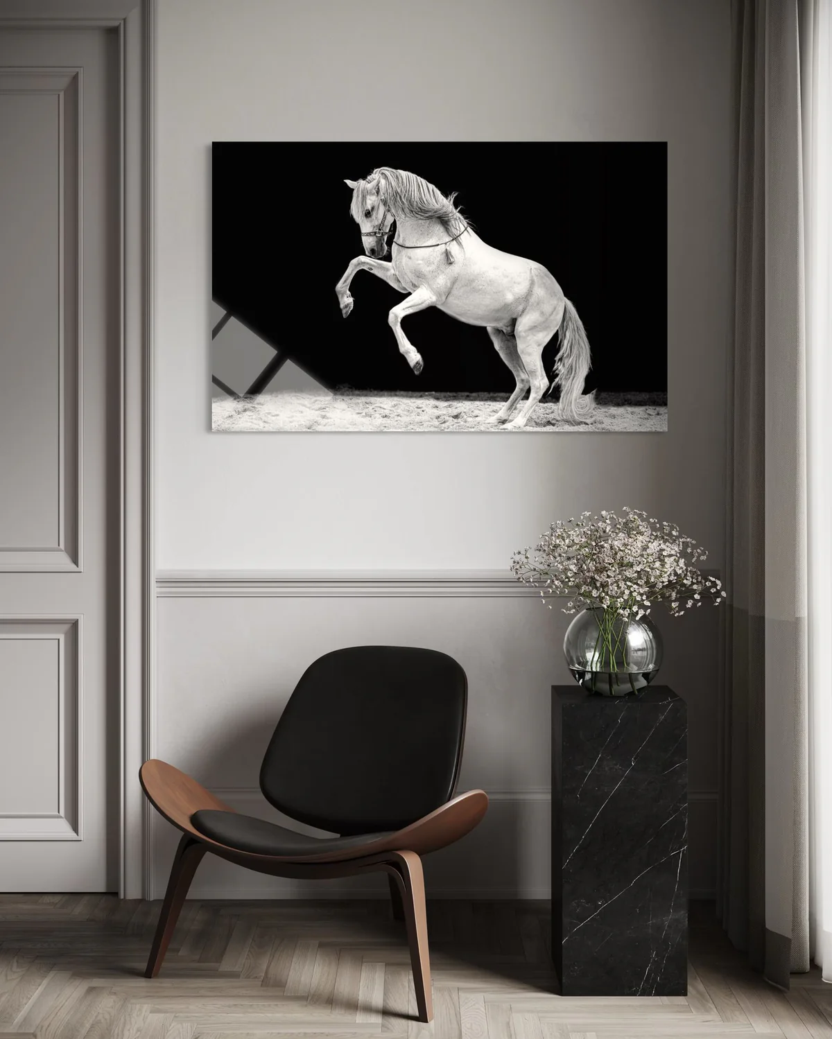 Şahlanan Beyaz At Cam Tablo