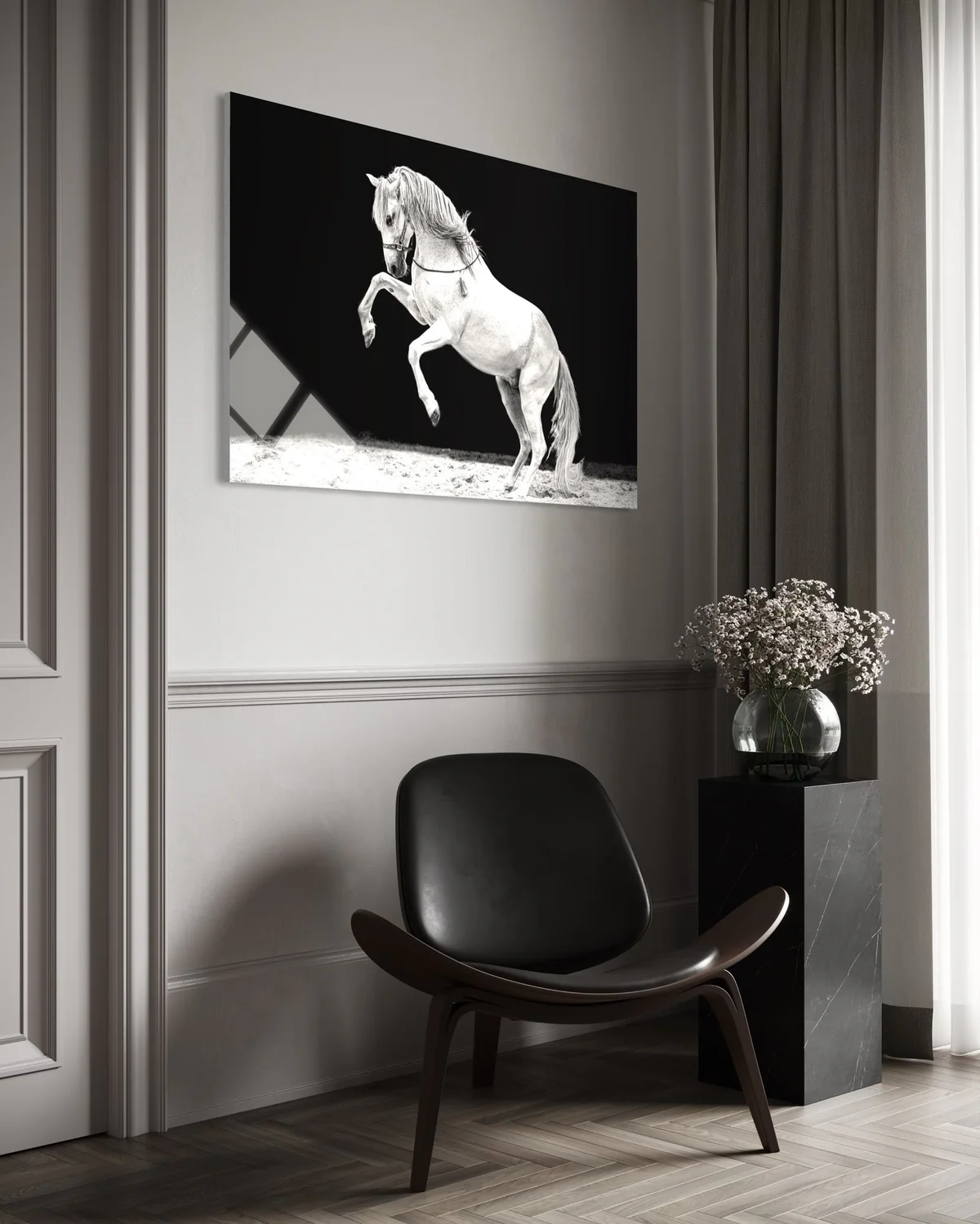 Şahlanan Beyaz At Cam Tablo