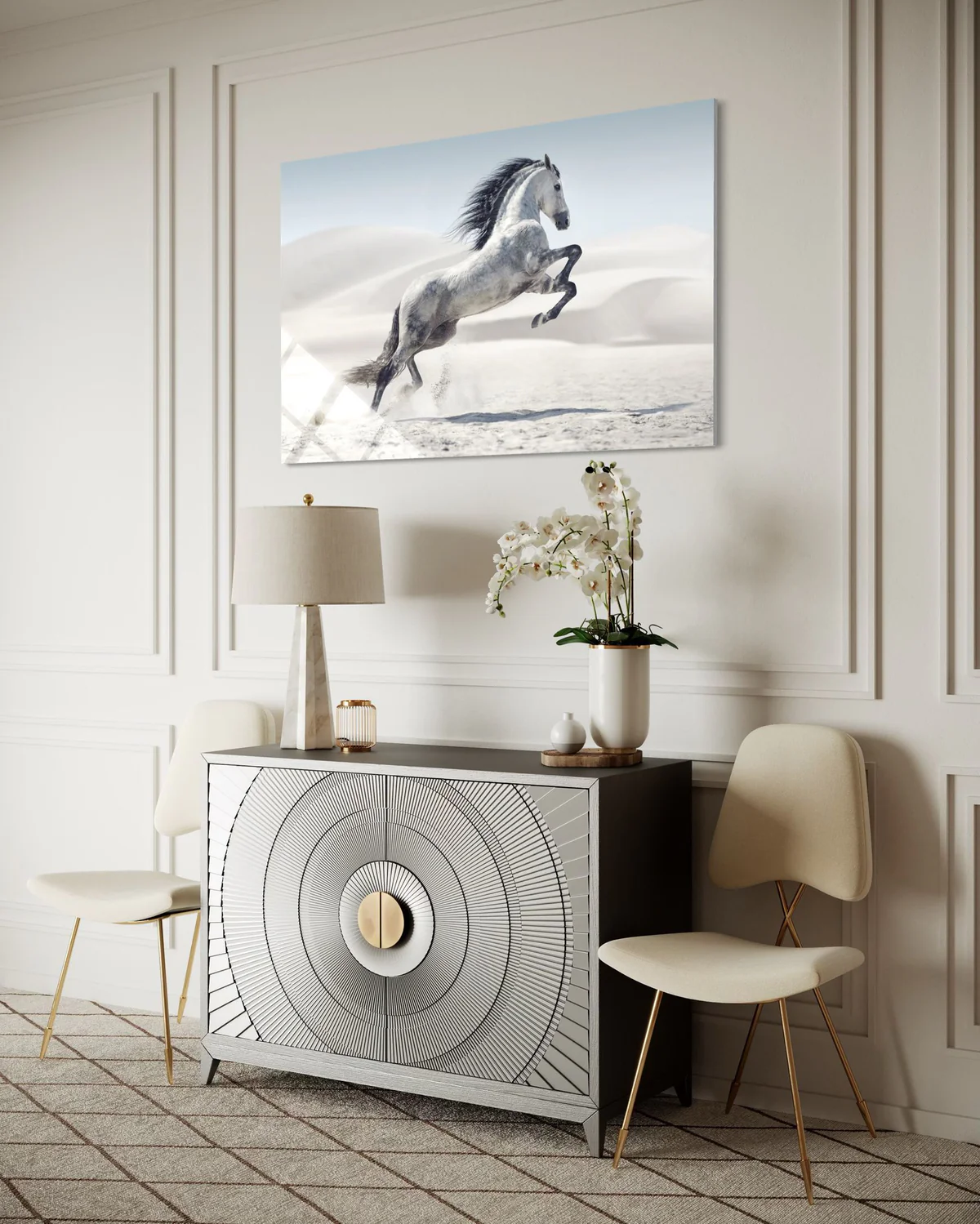 Şahlanan Beyaz At Cam Tablo