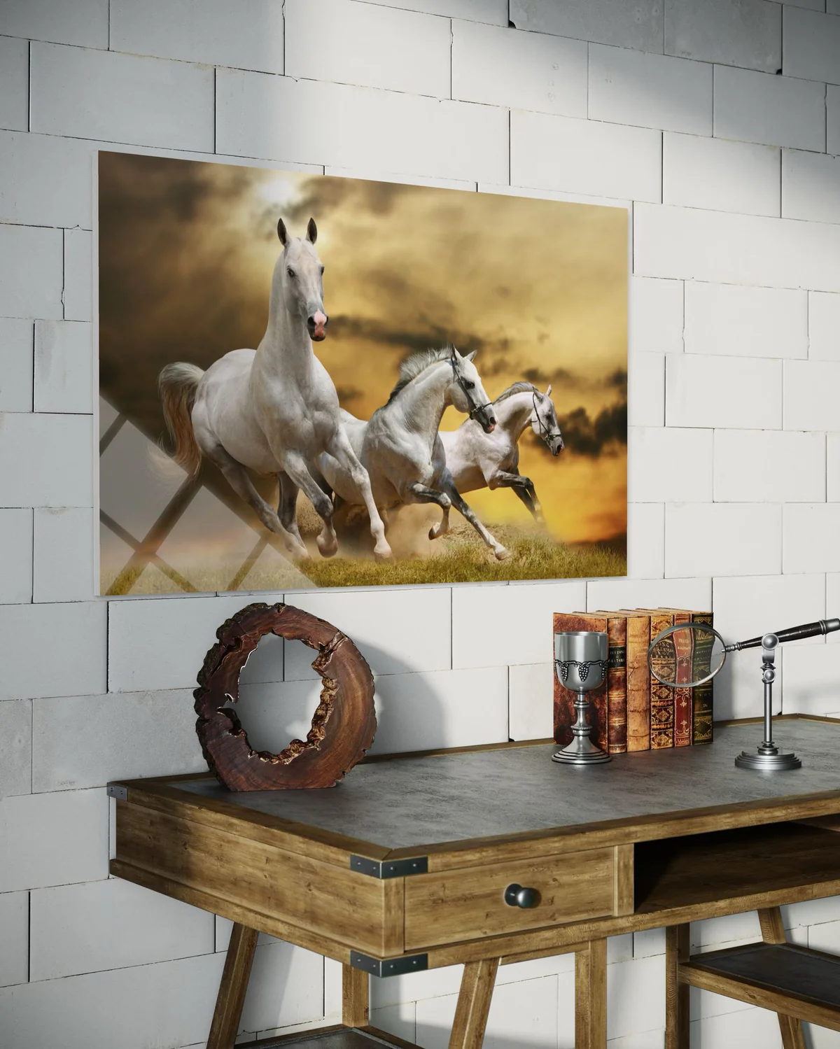 Üçlü Beyaz Atlı Cam Tablo