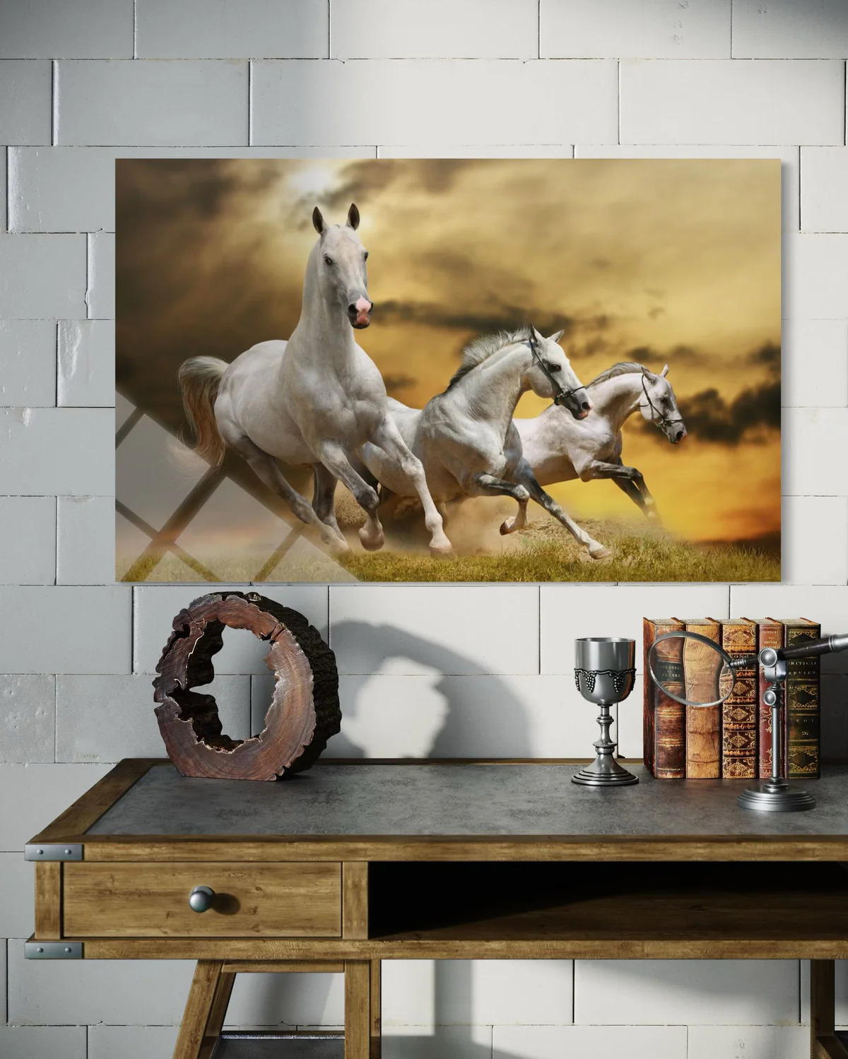 Üçlü Beyaz Atlı Cam Tablo