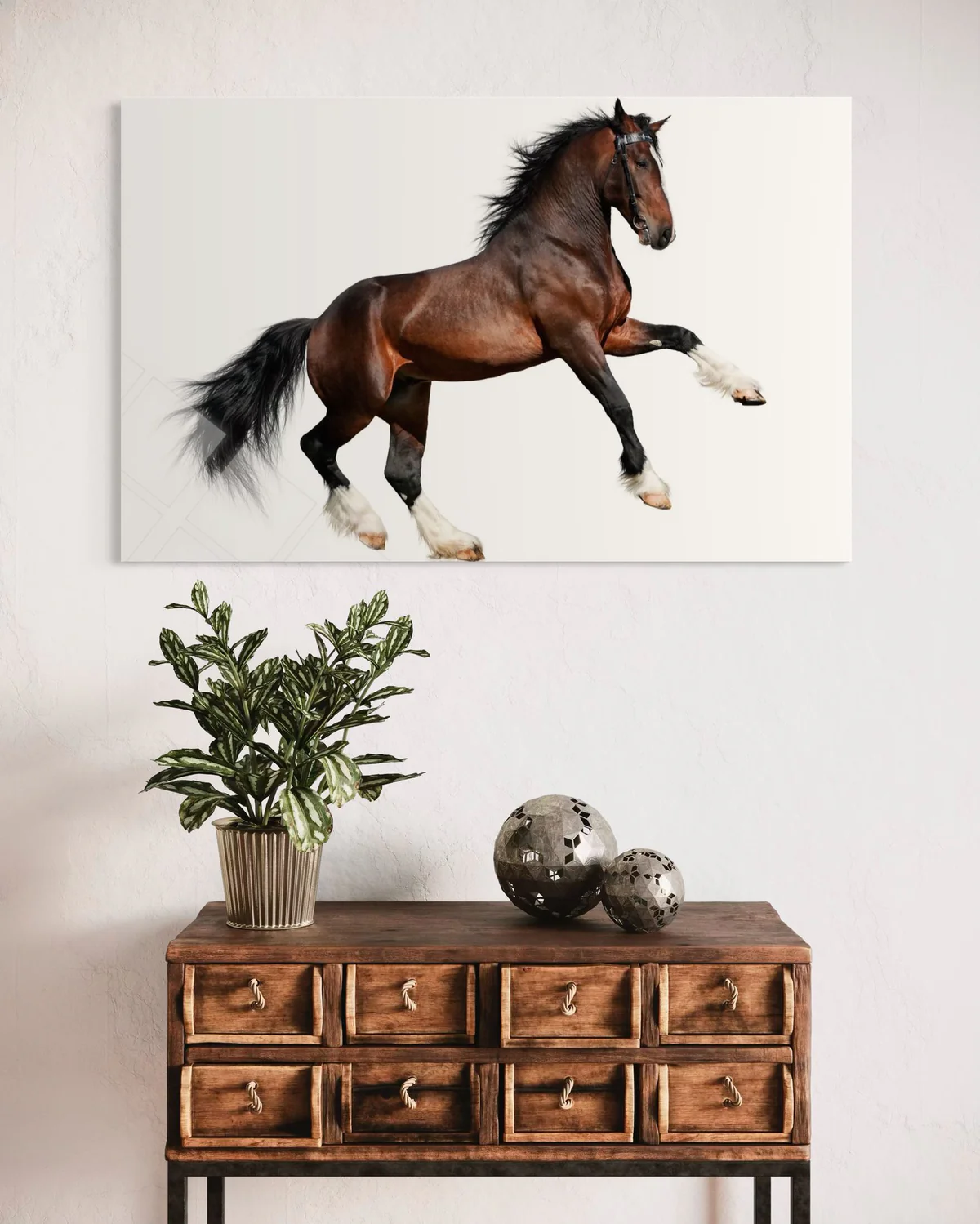 Şahlanan Kahverenkli Atlı Cam Tablo