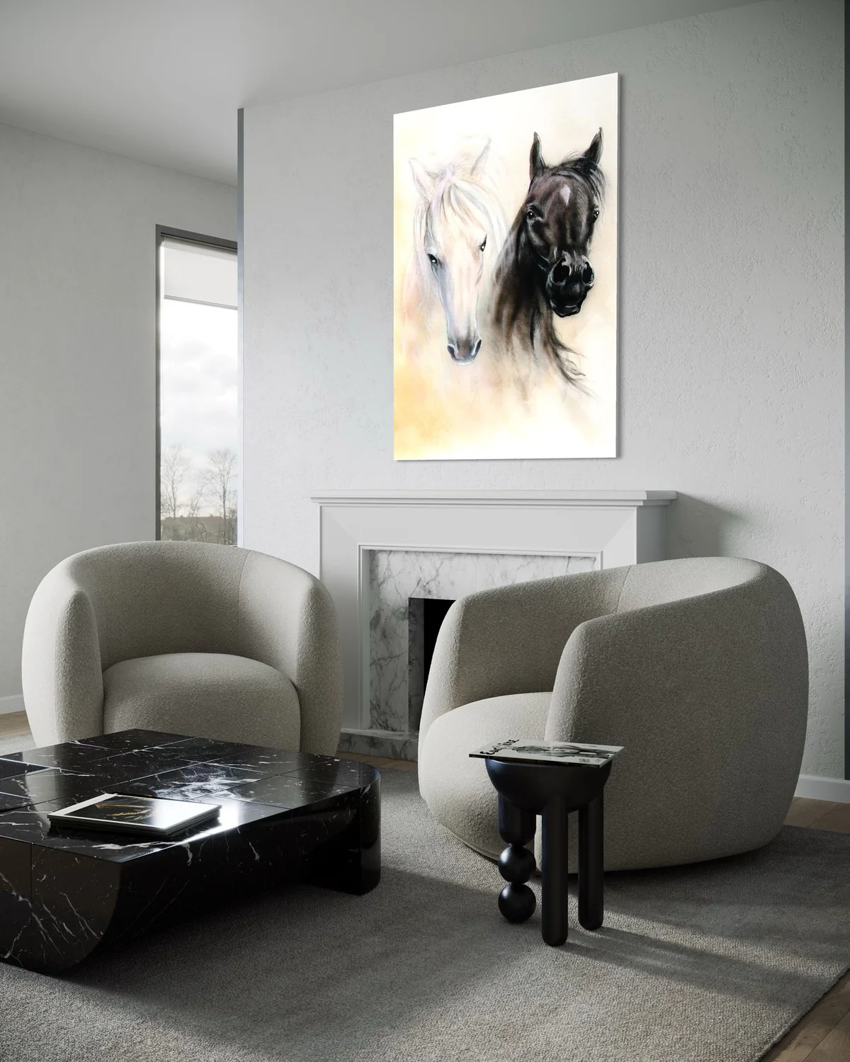 Siyah-Beyaz Atlı Cam Tablo