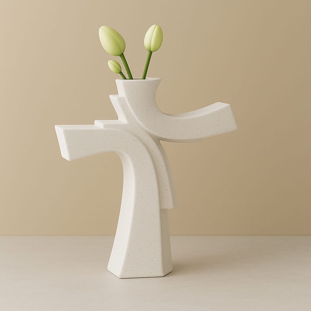 Asimetrik Form Beton Vazo – Minimal & Sanatsal Dekor Beyaz
