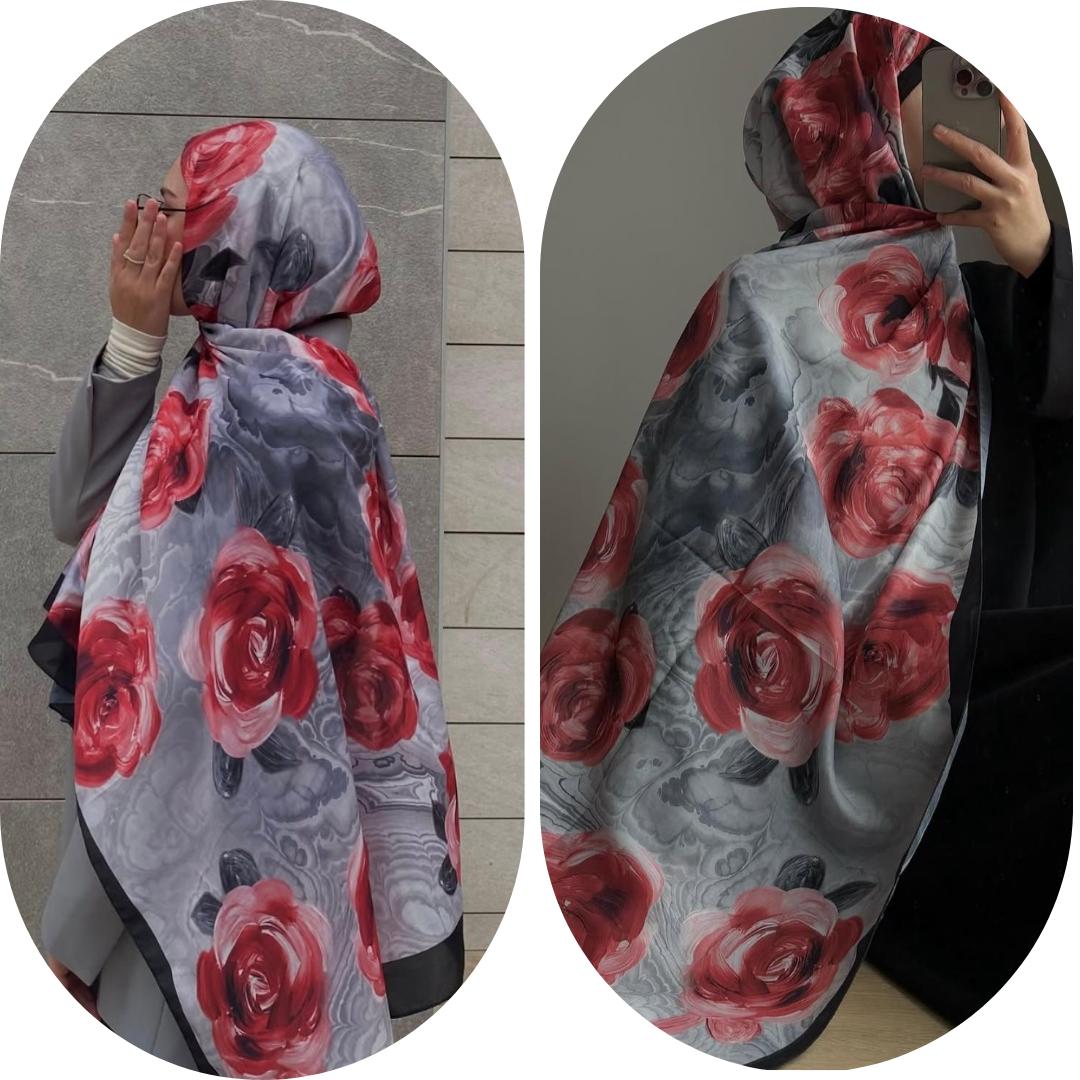 PAMUKLU SOFT ROZA DESEN ŞAL- SİYAH KIRMIZI