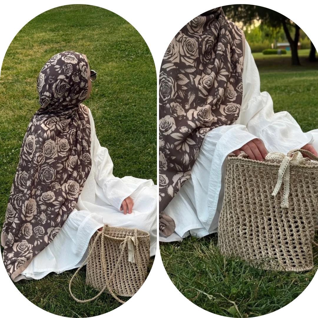 PAMUKLU SOFT  VİNTAGE ROSE DESEN ŞAL - VİZON