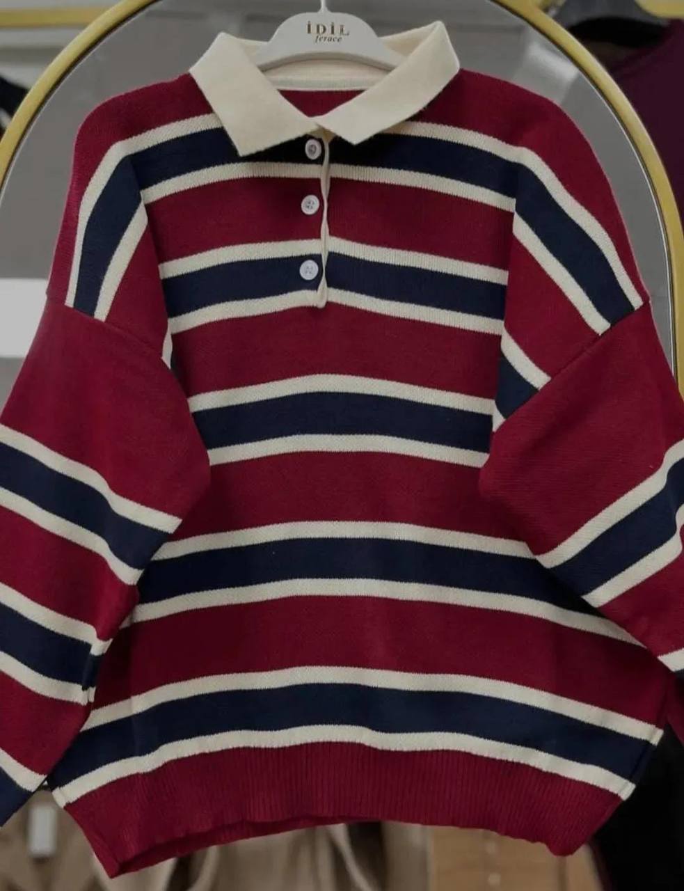 Bordo Çizgili Balon Kol Kazak - Standart